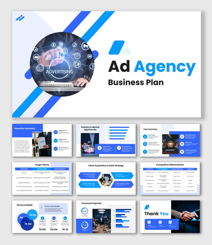 Alt: Overview of a 10-slide Ad Agency Business Plan deck featuring blue layouts for market data, client strategy, and financials.