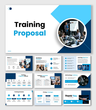 training Proposal slide with blue theme, trainer meeting photo, circular frame, icons, charts, and clean content layout.