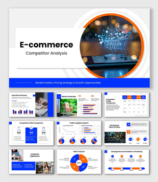 E Commerce Competitor Analysis blue orange slides with cart, charts, SWOT, pricing and roadmap visuals.