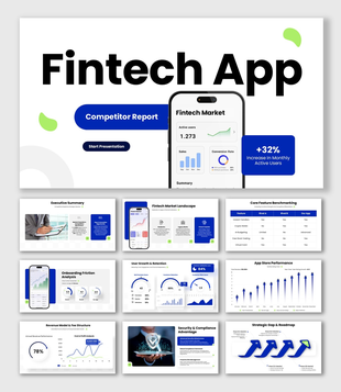 Fintech App Competitor Report with mobile dashboard, growth charts, benchmarking table and roadmap slides.