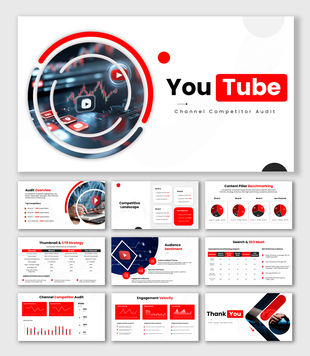 YouTube Channel Competitor Audit with red slides, charts, SEO tables and engagement analytics visuals.