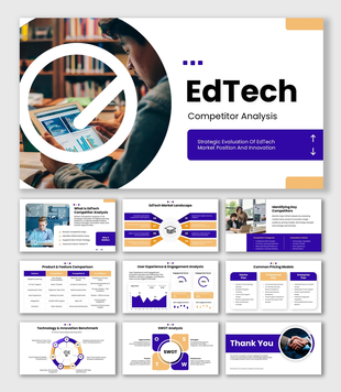 EdTech Competitor Analysis with purple slides, feature tables, pricing models, UX charts and SWOT graphics.