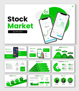 Stock Market App Pitch Deck Green Theme With Trading Phone UI, Charts, TAM SAM, KPI, Team Slides.
