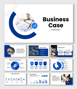 Business Case Presentation Example Blue Corporate Slides With Charts, Icons, Timeline, Editable Shapes.