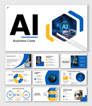 AI Business Case blue and yellow corporate slides with ROI charts, AI icons, roadmap, and data graphs for strategy.