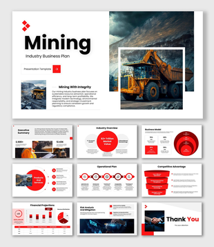Mining Industry Business Plan red and white slides with mine truck, market charts, financial projections, and risk sections.
