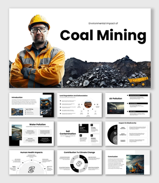 Environmental Impact Of Coal Mining slides with miner image, coal piles, pollution charts, and health impact sections.