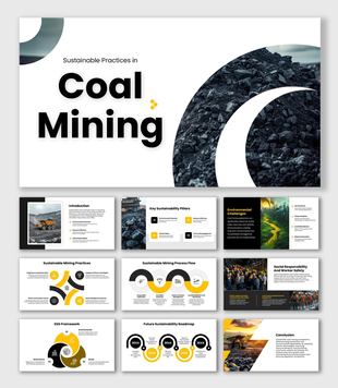 Sustainable Practices in coal mining black and yellow slides with ESG charts, process flow, icons, and coal images.