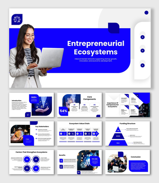 Entrepreneurial Ecosystems blue corporate slides with value chain, funding pyramid, growth charts, and icons.
