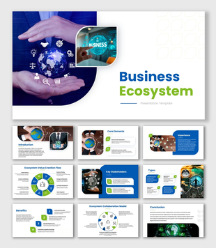 Business Ecosystem blue and green slides with globe graphics, value flow chart, stakeholder sections, and icons.