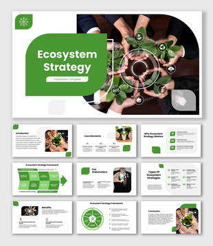 Ecosystem Strategy green slides with plant visuals, framework charts, stakeholder sections, and clean white layout.