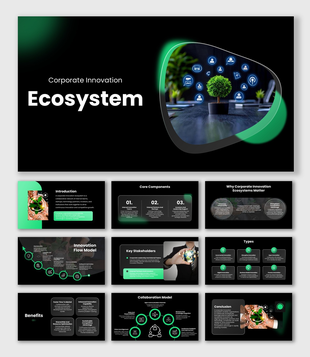Corporate Innovation Ecosystem black and green slides with innovation flow model, network icons, charts, and dark theme.