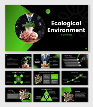 Ecological Environment In Business black and green slides with ESG model, sustainability charts, and plant visuals.