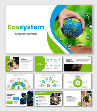 Ecosystem in Business Examples green and blue slides with globe graphic, Apple Google Amazon diagrams, and charts.