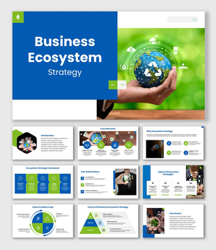 Business Ecosystem Strategy blue and green slides with globe graphic, framework steps, value loop chart, and icons.