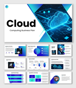 Cloud Computing Business Plan blue slides with cloud graphics, revenue charts, strategy sections, and tech visuals.