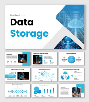 Cloud Based Data Storage presentation with blue theme, cloud server images, icons, charts, diagrams, and structured slides.
