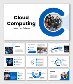 Cloud Computing Lesson For College slides with blue theme, student images, cloud icons, diagrams, charts, and structured text
