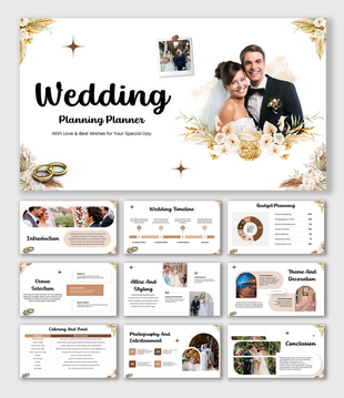 Wedding Planning Planner slide with couple photo, floral decor, rings, and structured text holders.