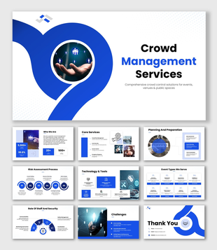 Crowd Management Services slide with people icons, circular image, blue shapes, and structured text holders.