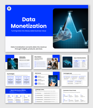 Data Monetization slide with charts, analytics image, blue shapes, and structured text holders.