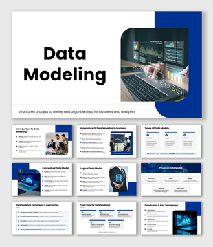 Data Modeling Presentation slide with charts, dashboard image, blue shapes, and structured text holders.