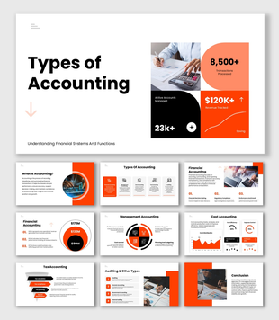 Types Of Accounting orange slides with charts, icons, data blocks, shapes, and clean text holders.