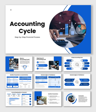 Accounting Cycle slides with flow diagram, process steps, charts, icons, shapes, and clean text holders.