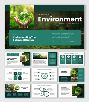 Concept Of Environment slides, green theme, globe in hands, nature visuals, shapes, icons, and clean structured text boxes.