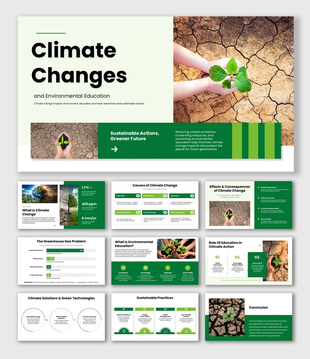 Climate Changes And Environmental Education slides, green theme, plant in dry soil, shapes, icons, and clean structured text 