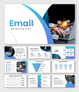 Email Marketing Plan slides, blue theme, email icons, KPI charts, graphs, shapes, clean structured text boxes.