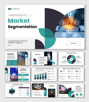 Importance Of Market Segmentation slides, green theme, charts, segments, icons, shapes, structured text boxes.