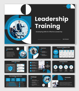 Leadership Training slides, dark theme, team visuals, charts, icons, circular shapes, structured text boxes.