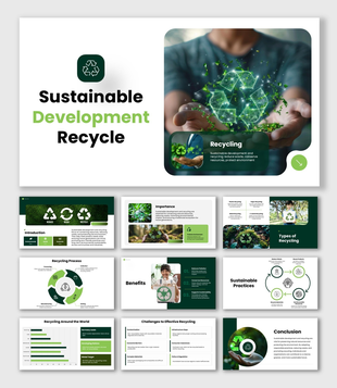 Sustainable Development Recycle slides, green theme, recycle icon, charts, shapes, icons, structured text boxes.