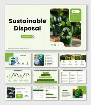 Sustainable Disposal slides, green theme, recycle bin image, charts, icons, shapes, structured text boxes.