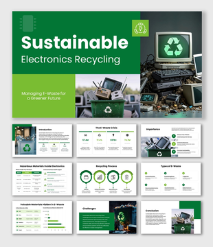 Sustainable Electronics Recycling slides, green theme, e-waste bin, charts, icons, shapes, structured text boxes.