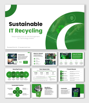 Sustainable IT Recycling slides, green theme, e-waste bin, charts, icons, shapes, structured text boxes.