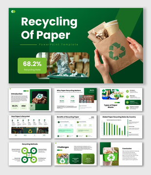 Recycling Of Paper slides, green theme, paper recycle visuals, charts, icons, shapes, structured text boxes.