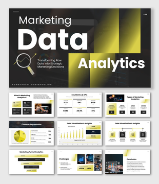 Marketing Data Analytics slides, dark theme, yellow accents, charts, KPI cards, icons, shapes, text boxes.