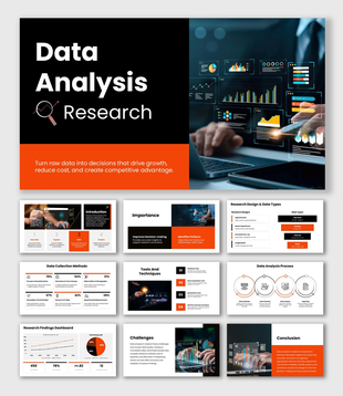 Data Analysis In Research slides, dark theme, orange accents, charts, dashboards, icons, shapes, text boxes.