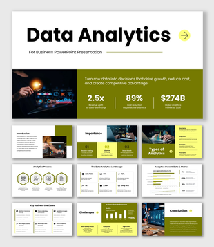 Data Analytics For Business slides, green theme, charts, KPI cards, icons, shapes, structured text boxes.