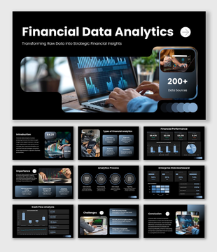 Financial Data Analytics slides, dark theme, charts, KPI metrics, dashboards, icons, shapes, text boxes.