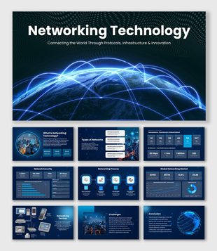 Networking Technology presentation with blue digital graphics, charts, icons, and modern infographic layouts.