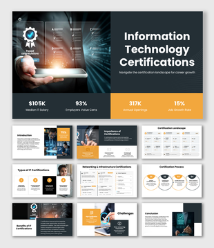 Information Technology Certifications presentation with dark theme, orange infographics, charts, icons, and text layouts.