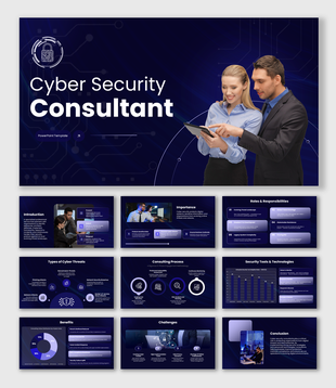Cyber Security Consultant presentation with dark blue graphics, security icons, charts, and tech layouts.