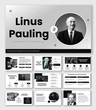Linus Pauling presentation with grayscale portraits, science icons, timelines, and biography layouts.