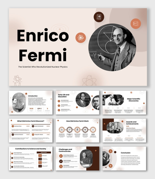 Enrico Fermi presentation with atom icons, scientist portraits, timelines, and physics infographic layouts.