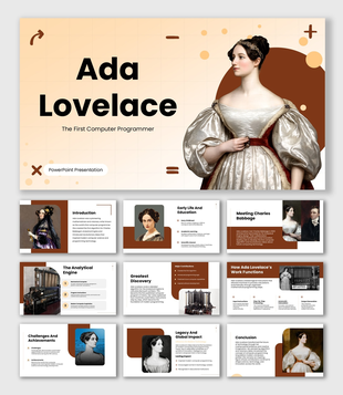Ada Lovelace presentation with vintage portraits, coding icons, timelines, and beige infographic layouts.
