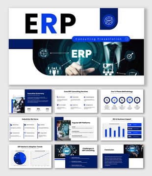 ERP Consulting presentation with blue dashboards, workflow icons, charts, and business infographic layouts.