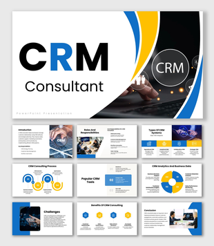 CRM Consultant presentation with CRM dashboards, workflow icons, charts, and blue business infographic layouts.